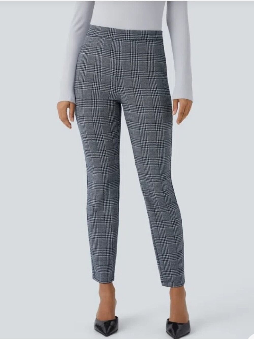 Halara Flex High Waisted Pocket Houndstooth Plaid Skinny Work Pants - Navy Blue